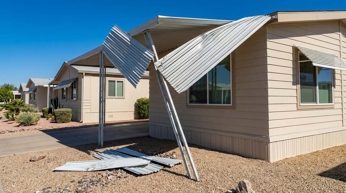 Monsoon wind damage to the aluminum awning of a well-kept manufactured home: roof panels peeled and crumpled at one corner, a support post leaning, panels on the gravel.