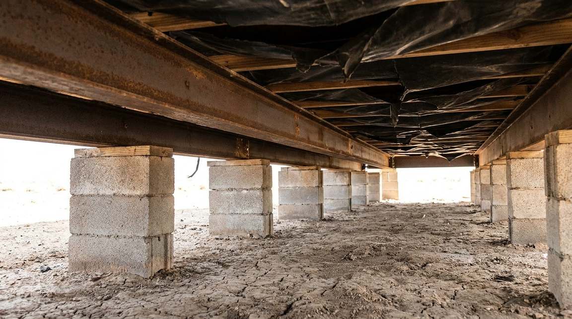 Underneath a manufactured home: steel chassis I-beams carried on stacked concrete block piers on bare desert soil, with black belly wrap between the floor joists above.