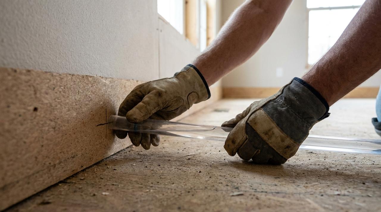 Gloved hands holding a clear water-level tube against the baseboard inside a manufactured home to read how far the floor has dropped.