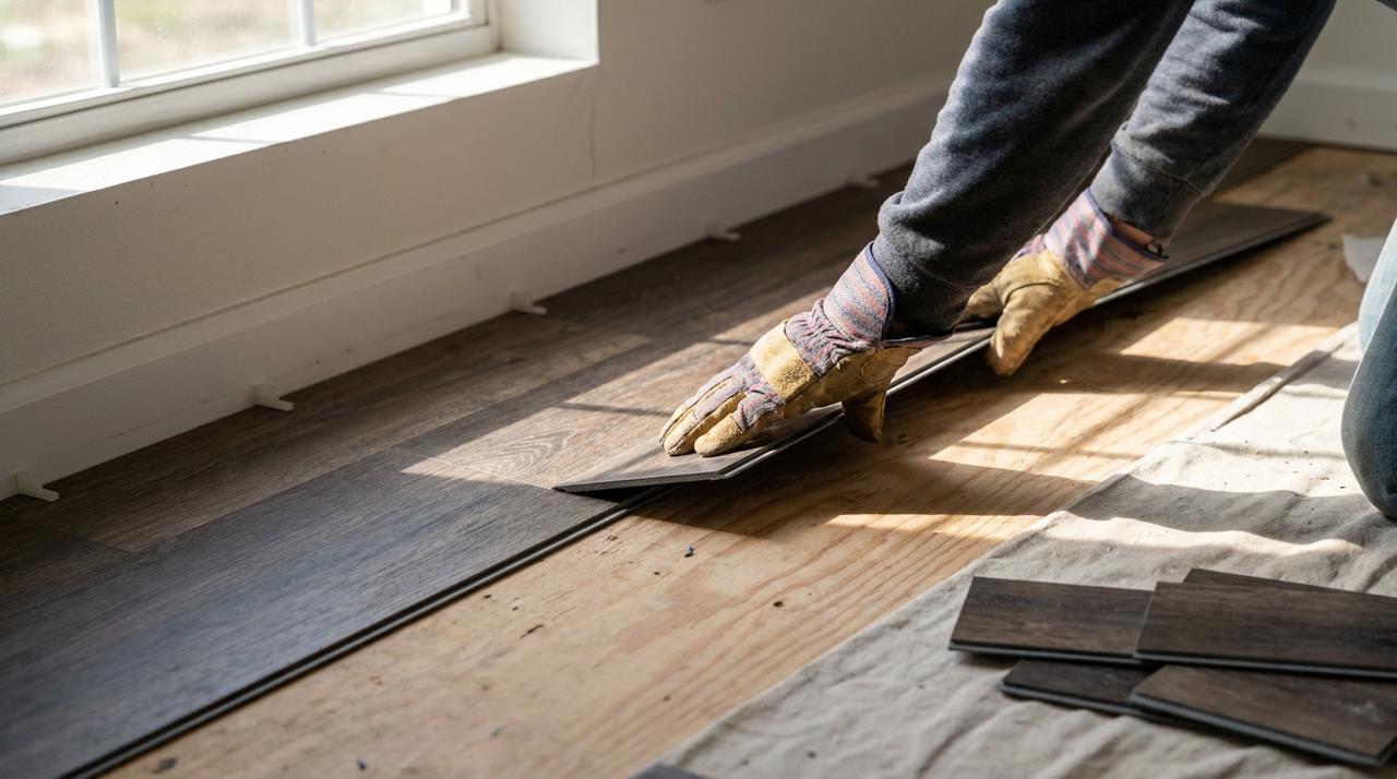 Gloved hands clicking a luxury vinyl plank into place over a prepared subfloor in a manufactured home, with spacers along the wall and rows already laid.