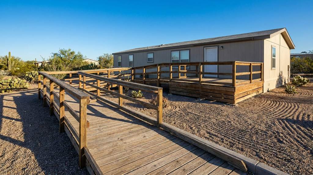 A wooden wheelchair ramp serving a manufactured home, switching back at a level landing, with handrails on both sides and a deck at the entry door.