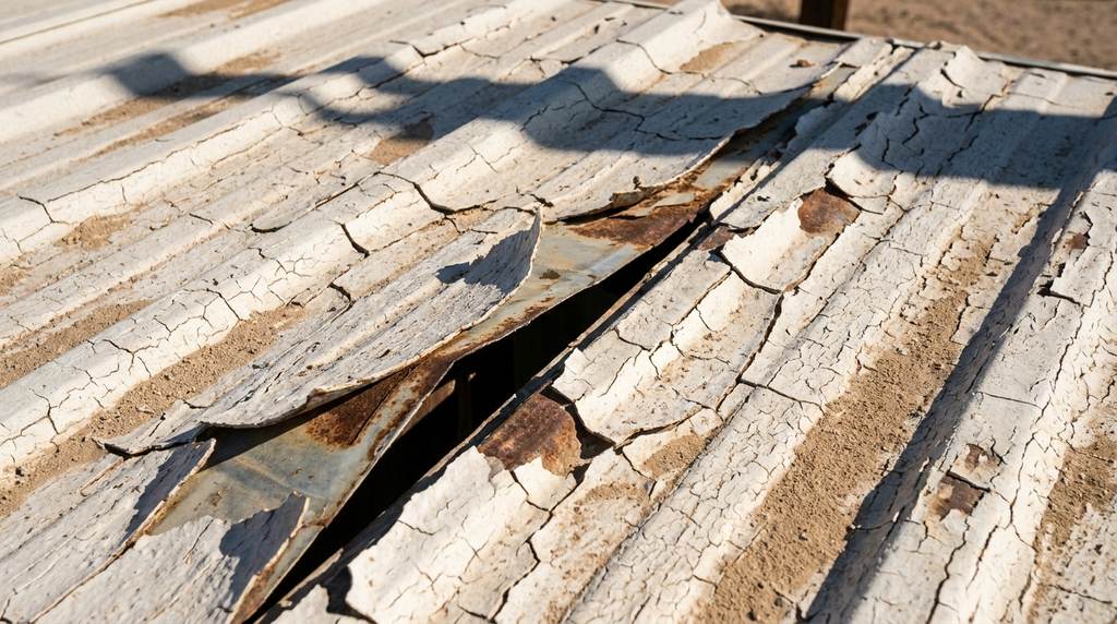 Failed white roof coating on a mobile home roof, chalked and cracked into an alligator pattern and peeling away to expose bare metal and an open seam.