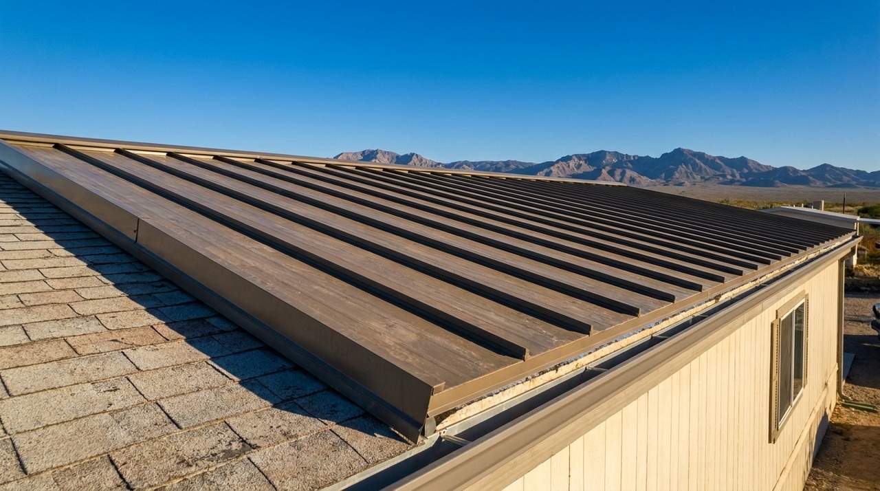 A standing-seam metal roof-over installed above an older manufactured home roof, with the original roof surface visible at the transition.