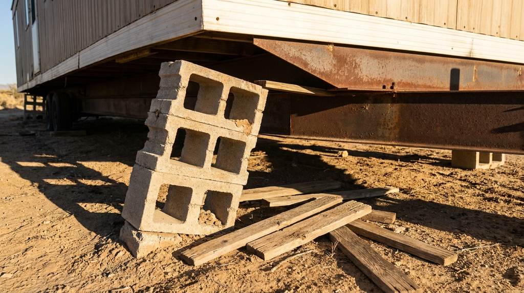 A settled pier under a manufactured home: the concrete block stack has tilted out of plumb and its wooden shims have dropped out onto the sand.