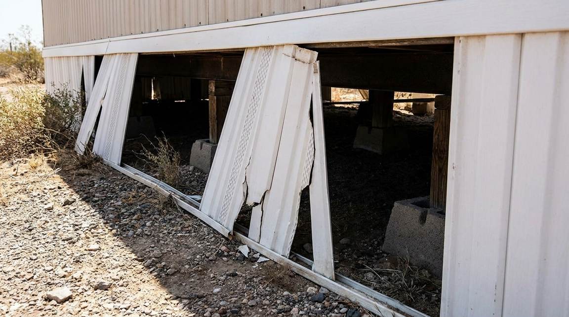 Failed vinyl skirting on a mobile home: brittle panels cracked and blown out of the bottom track, leaving the crawl space and pier blocks exposed.