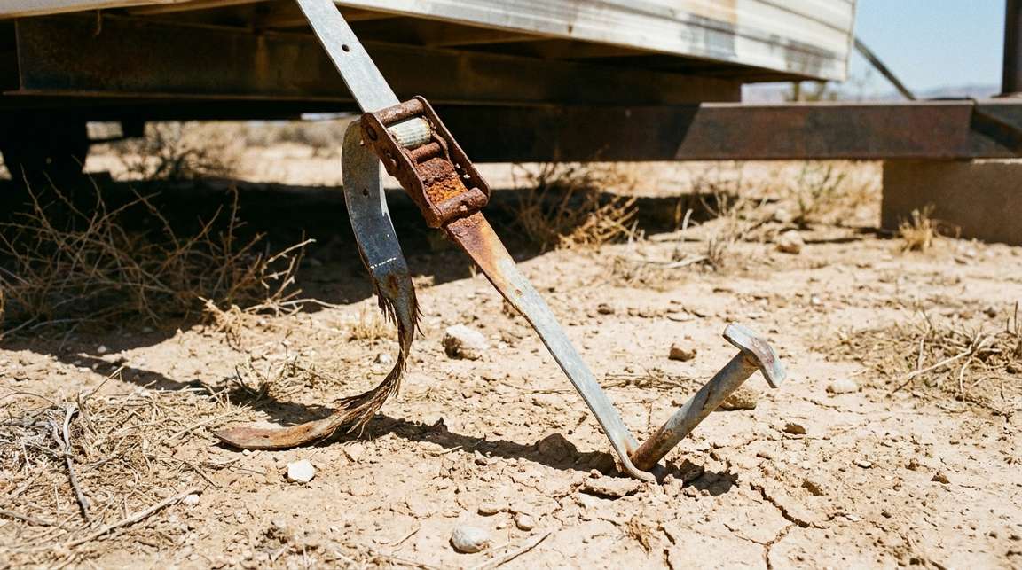 A failed mobile home tie-down: a rusted, frayed steel strap hanging slack from a corroded buckle, running to an anchor leaning in loose desert soil.