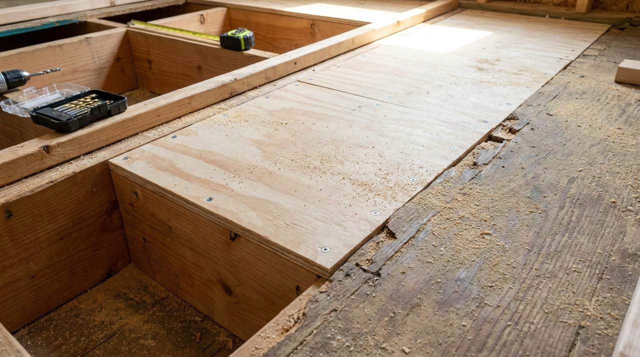 New plywood decking cut and fitted between the floor joists of a manufactured home, screwed down along the joist lines, with the old flooring visible at the edge.