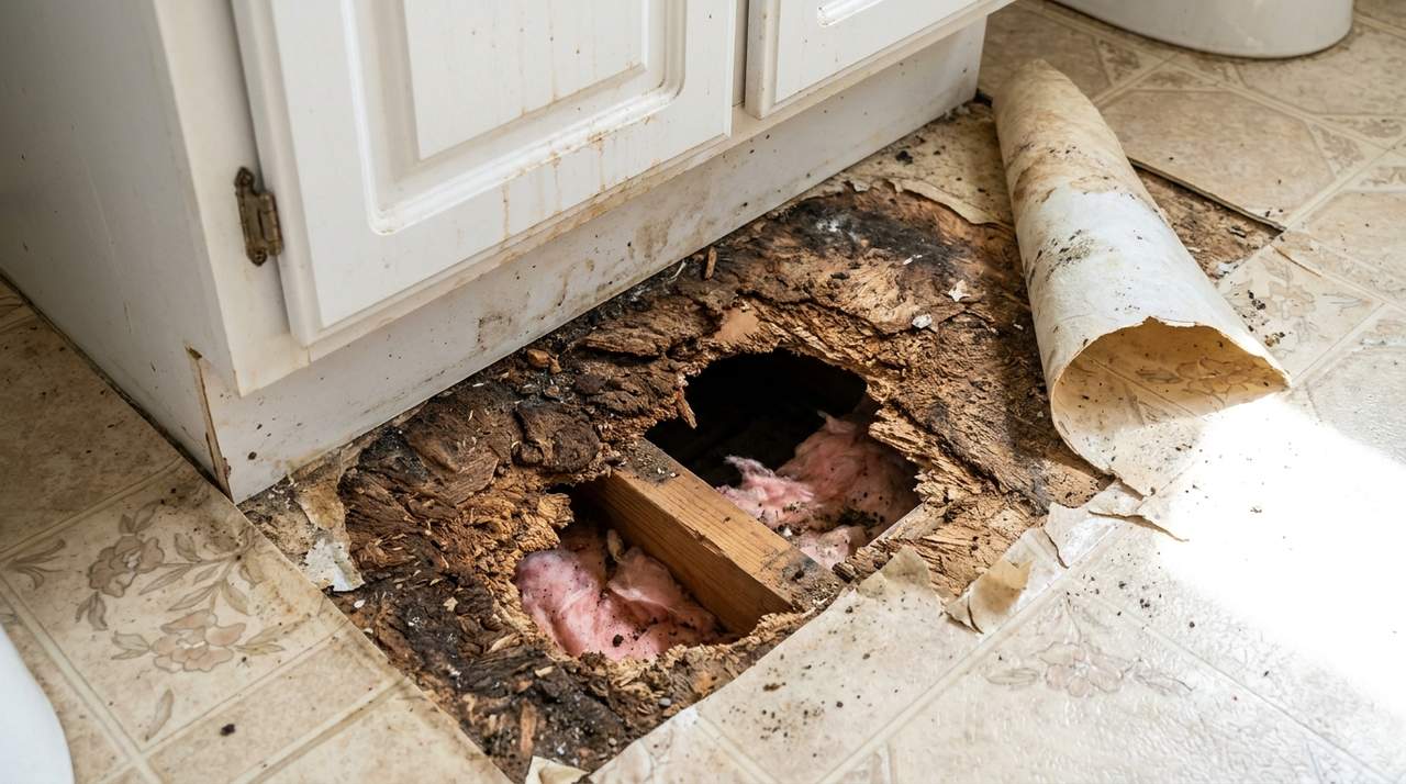 Water-damaged mobile home subfloor beside a bathroom vanity: the vinyl has been peeled back to reveal dark, swollen, crumbling particleboard and a hole through to the joist.